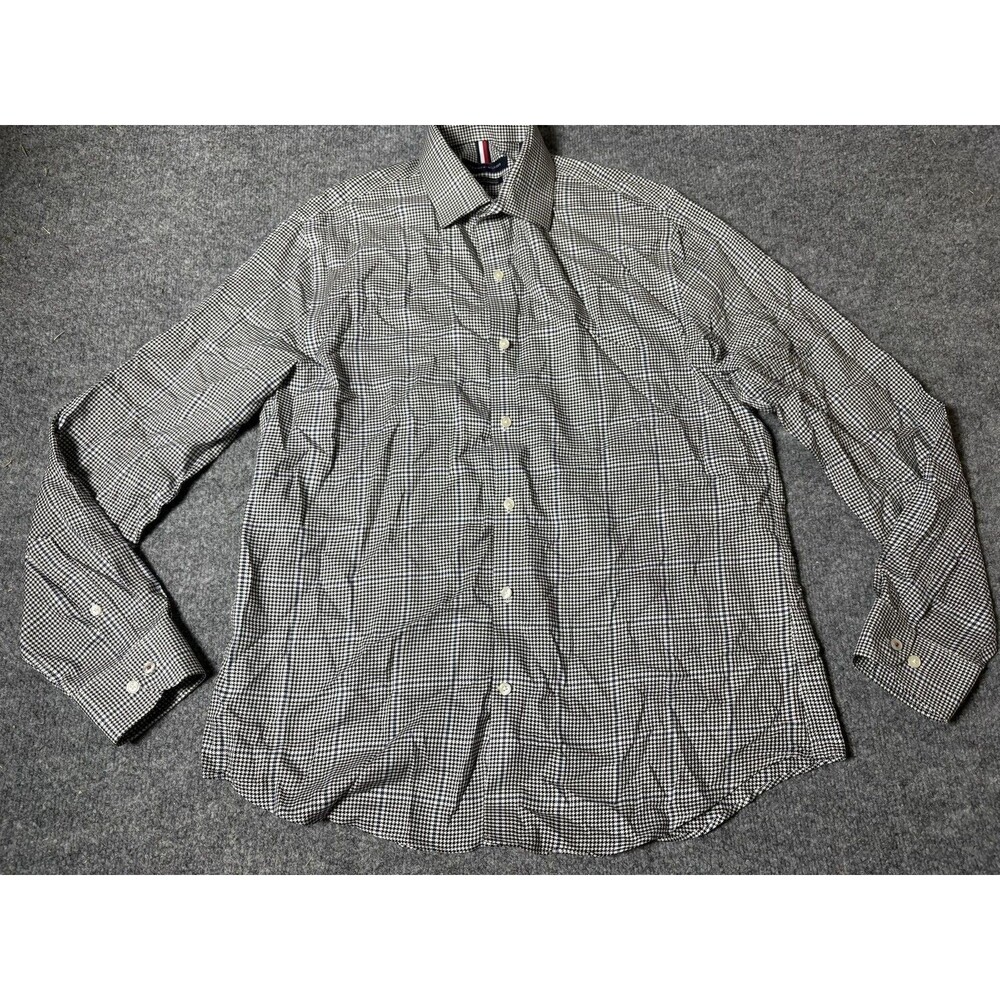 Tommy Hilfiger Dress Shirt Mens 16.5 34/35 Black Houndstooth Slim Stretch LS